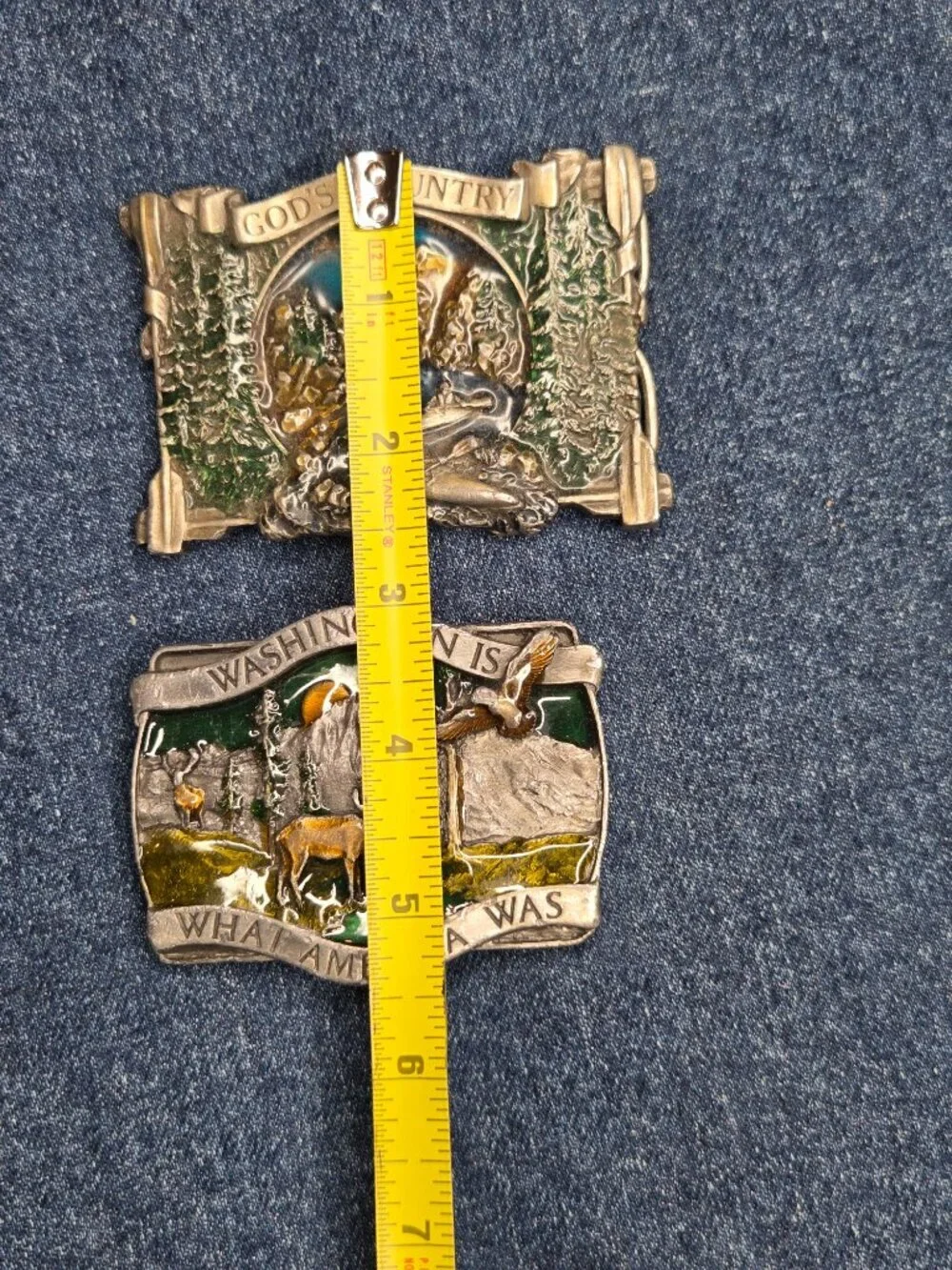 Lot of 2 - 1980s Bergamot Vintage God's Country & Washington Enamel Belt Buckles